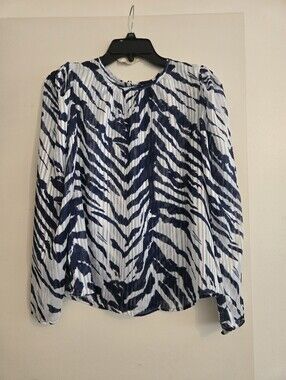 Womens Navy White Zebra Print Long-Sleeve Blouse. See Through.Never worn.